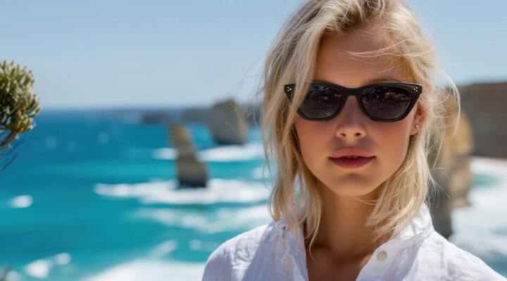 Woman wearing black sunglasses and a white shirt standing by a bright blue ocean backdrop.