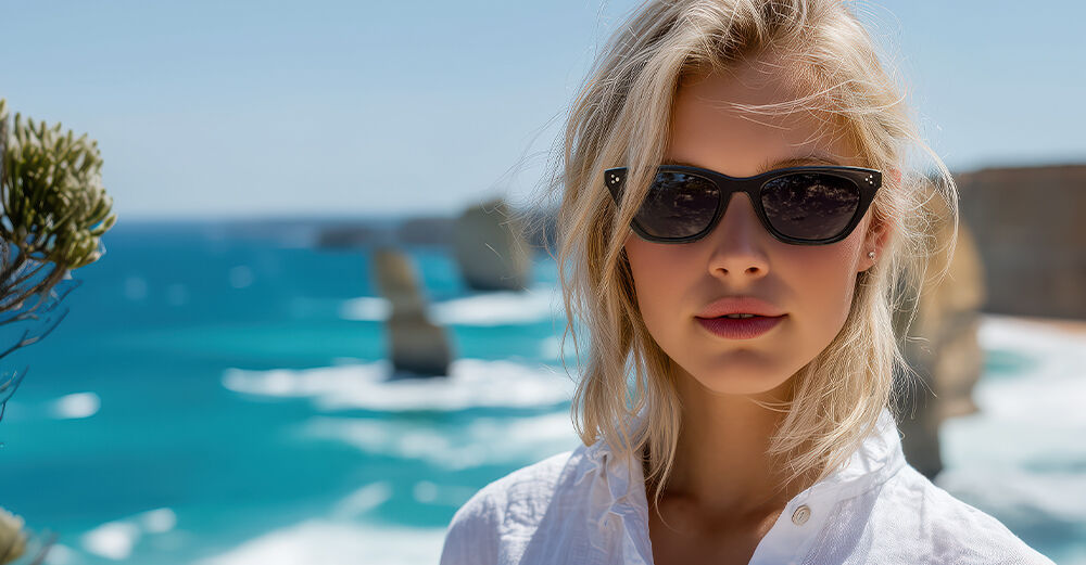 Woman wearing black sunglasses and a white shirt standing by a bright blue ocean backdrop.